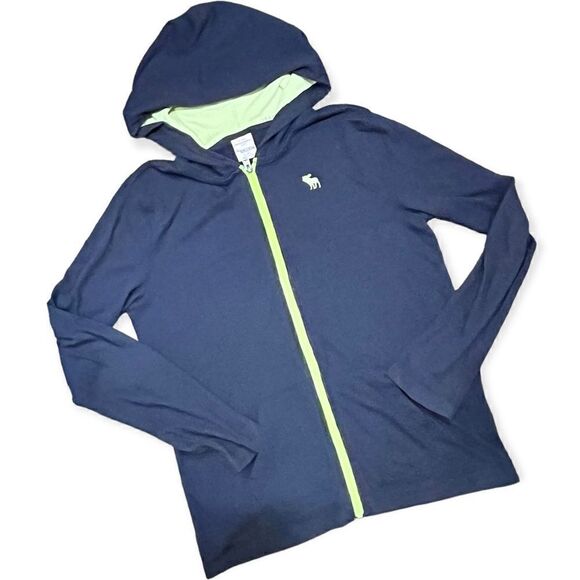 ABERCROMBIE KIDS LIGHTWEIGHT HOODIE NAVY BLUE NEON GREEN EMBROIDERED MOOSE L 14 - Picture 1 of 11